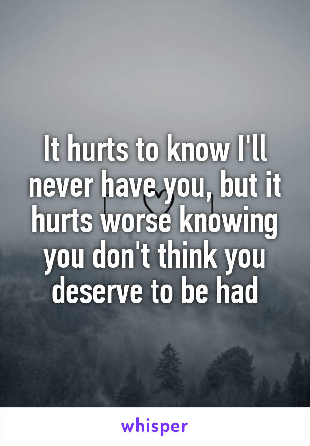 It hurts to know I'll never have you, but it hurts worse knowing you don't think you deserve to be had