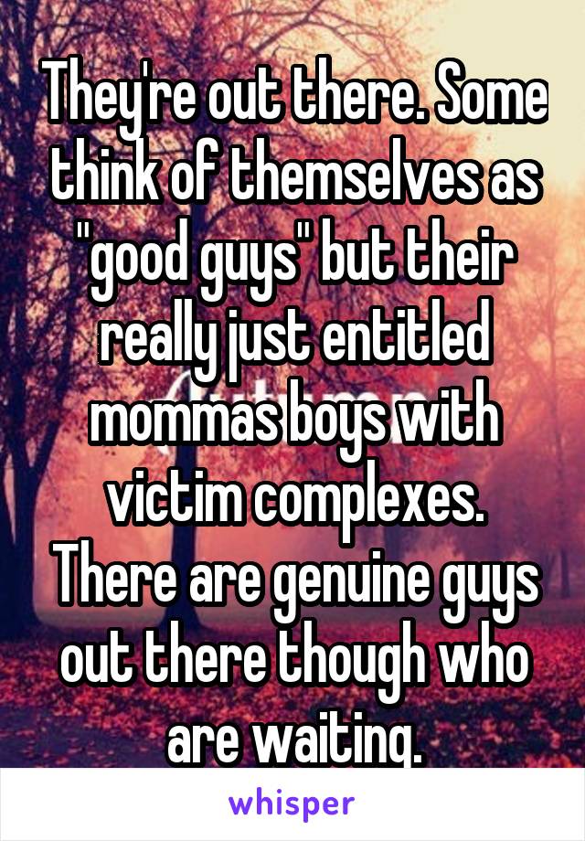 They're out there. Some think of themselves as "good guys" but their really just entitled mommas boys with victim complexes. There are genuine guys out there though who are waiting.