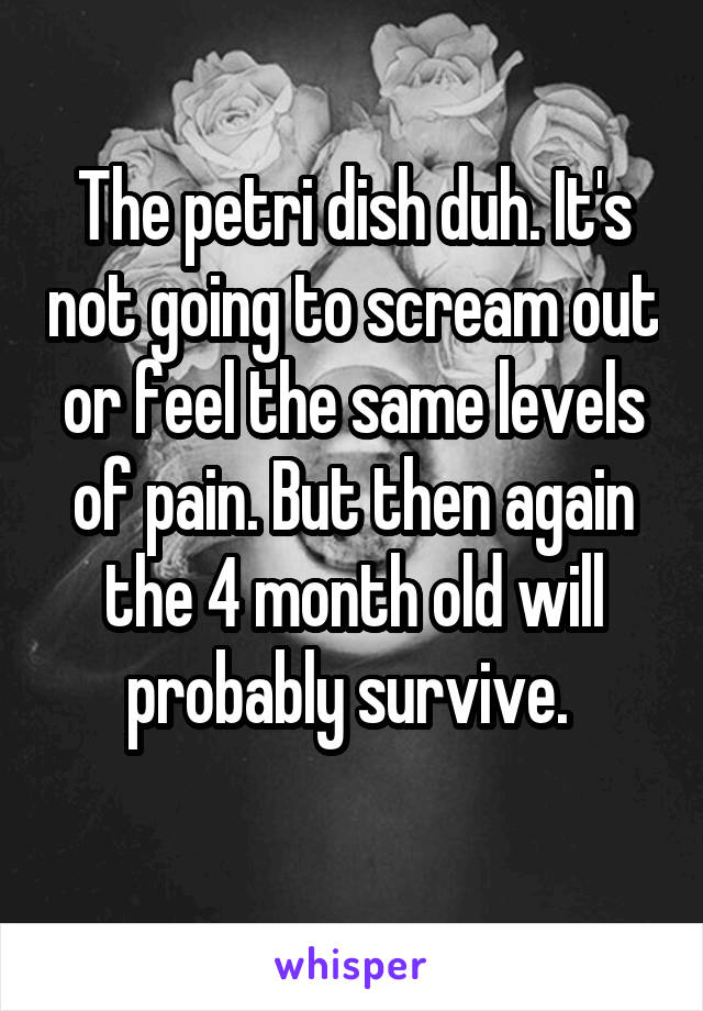 The petri dish duh. It's not going to scream out or feel the same levels of pain. But then again the 4 month old will probably survive. 
