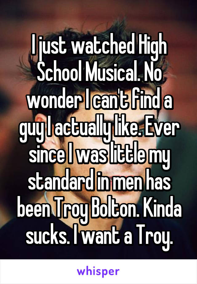 I just watched High School Musical. No wonder I can't find a guy I actually like. Ever since I was little my standard in men has been Troy Bolton. Kinda sucks. I want a Troy.