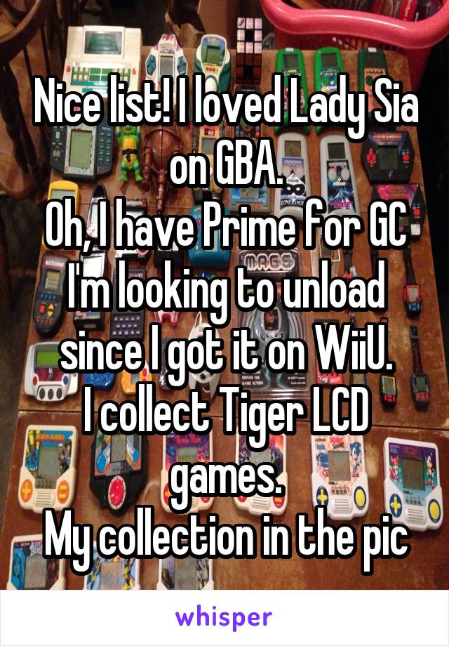 Nice list! I loved Lady Sia on GBA.
Oh, I have Prime for GC I'm looking to unload since I got it on WiiU.
I collect Tiger LCD games.
My collection in the pic