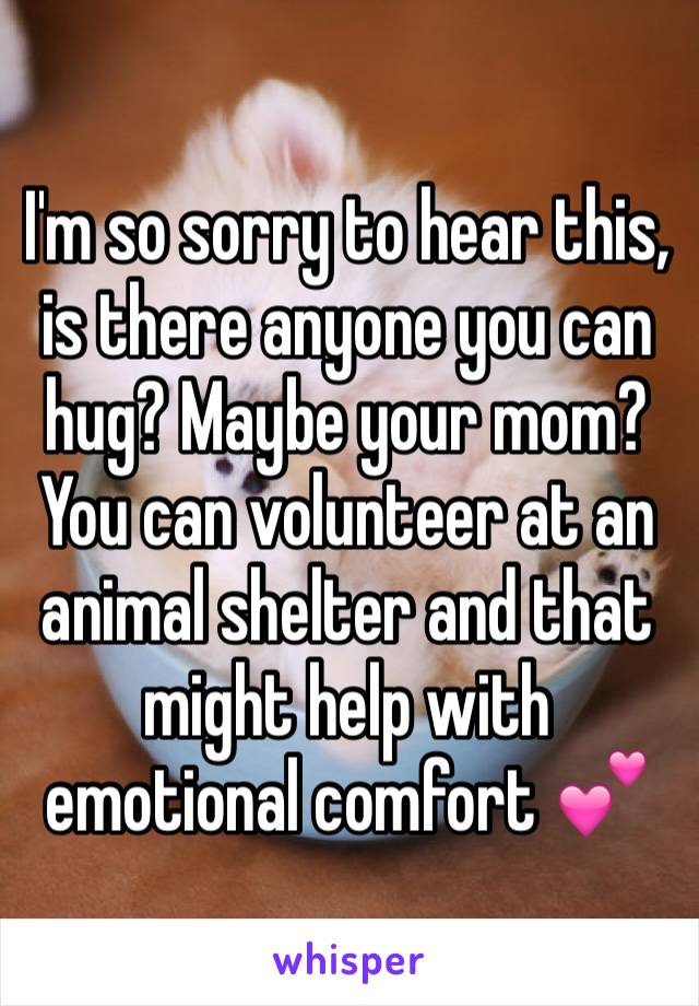 I'm so sorry to hear this, is there anyone you can hug? Maybe your mom? You can volunteer at an animal shelter and that might help with emotional comfort 💕