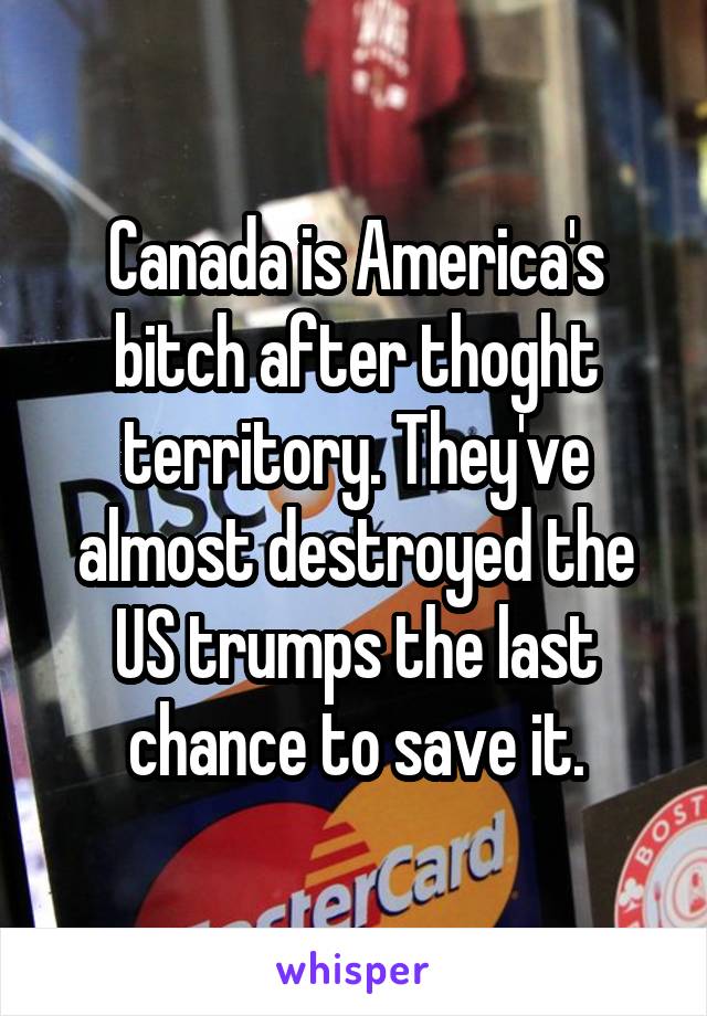 Canada is America's bitch after thoght territory. They've almost destroyed the US trumps the last chance to save it.