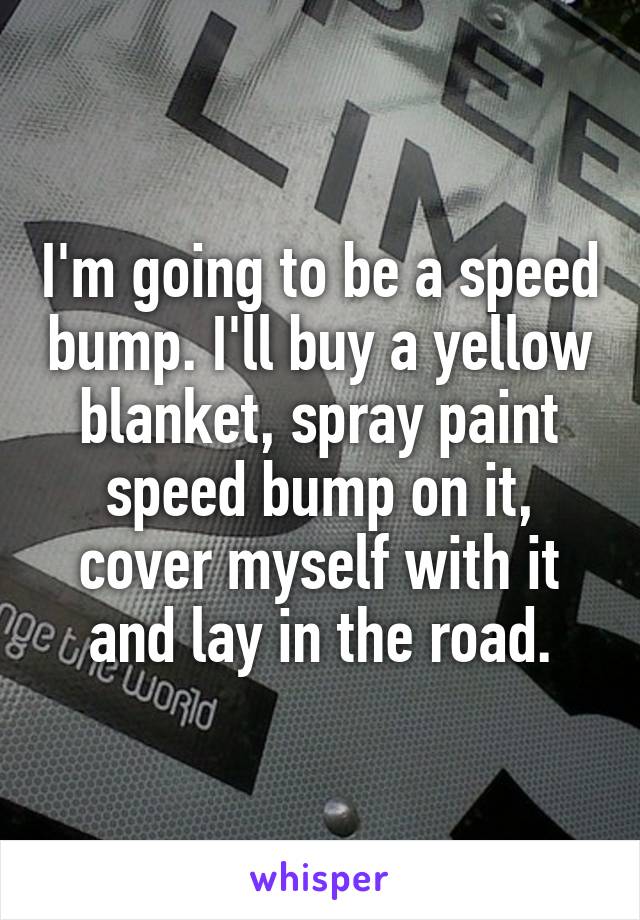 I'm going to be a speed bump. I'll buy a yellow blanket, spray paint speed bump on it, cover myself with it and lay in the road.