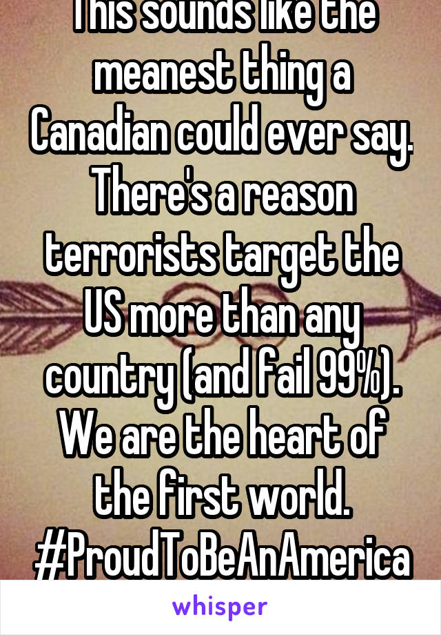 This sounds like the meanest thing a Canadian could ever say. There's a reason terrorists target the US more than any country (and fail 99%). We are the heart of the first world. #ProudToBeAnAmerican