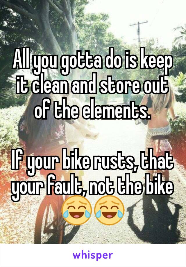 All you gotta do is keep it clean and store out of the elements.

If your bike rusts, that your fault, not the bike😂😂