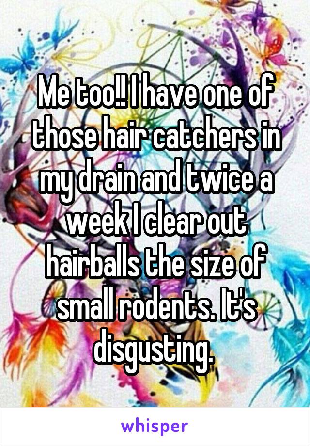 Me too!! I have one of those hair catchers in my drain and twice a week I clear out hairballs the size of small rodents. It's disgusting. 