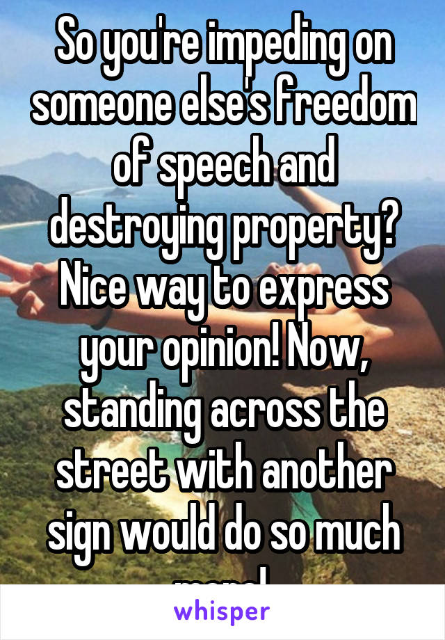 So you're impeding on someone else's freedom of speech and destroying property? Nice way to express your opinion! Now, standing across the street with another sign would do so much more! 