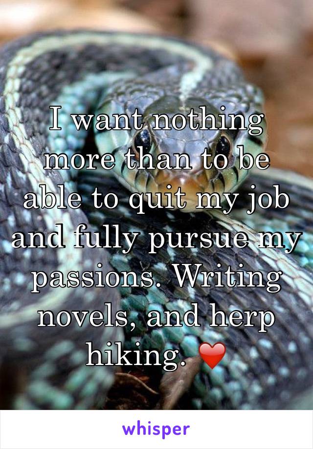 I want nothing more than to be able to quit my job and fully pursue my passions. Writing novels, and herp hiking. ❤️