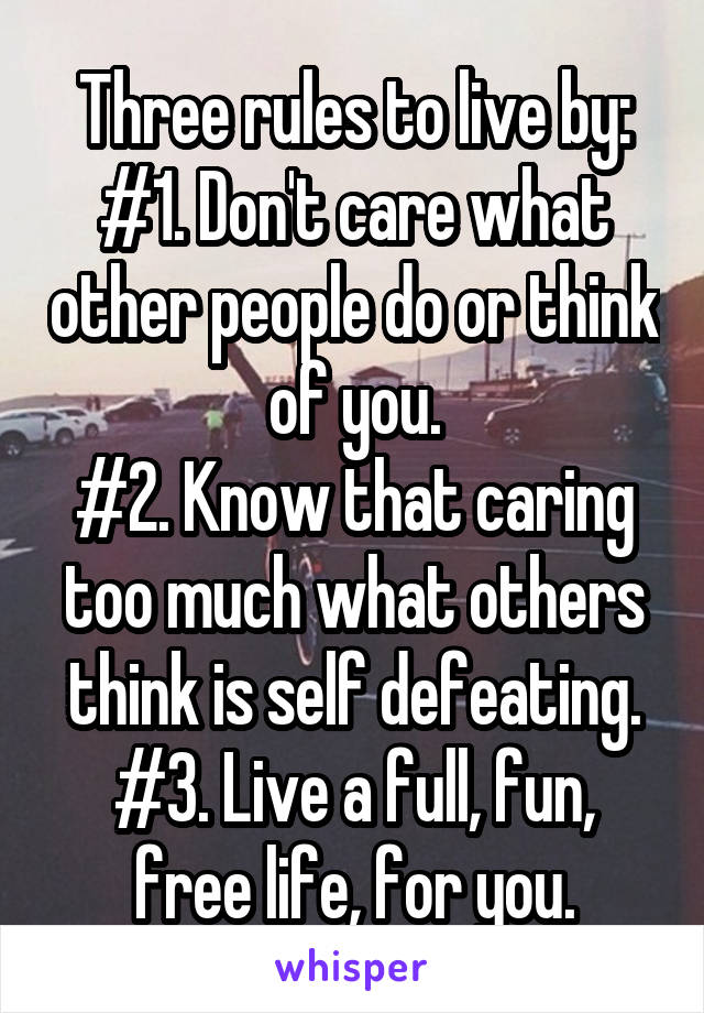 Three rules to live by:
#1. Don't care what other people do or think of you.
#2. Know that caring too much what others think is self defeating.
#3. Live a full, fun, free life, for you.