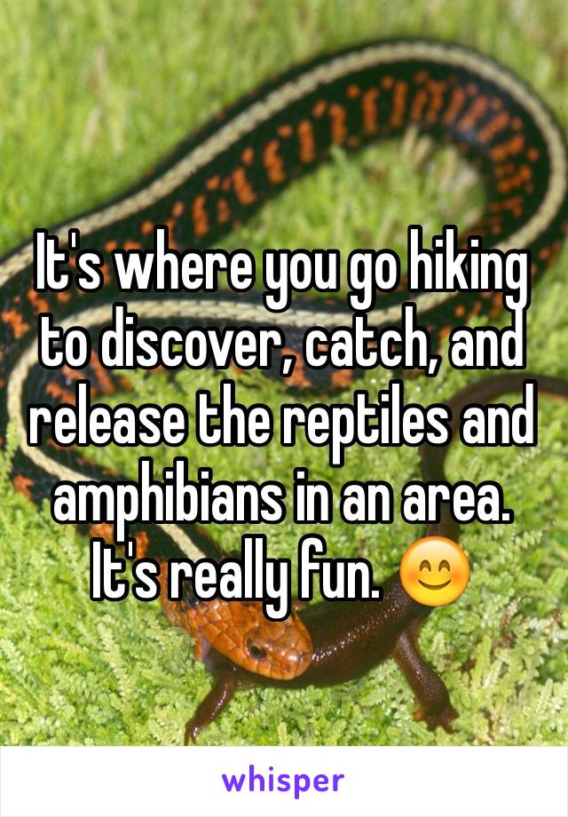 It's where you go hiking to discover, catch, and release the reptiles and amphibians in an area. It's really fun. 😊