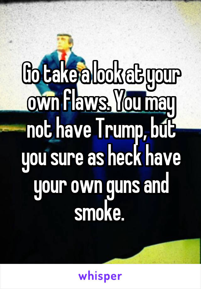 Go take a look at your own flaws. You may not have Trump, but you sure as heck have your own guns and smoke. 