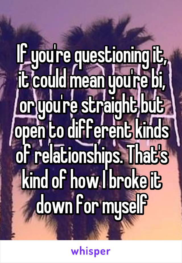 If you're questioning it, it could mean you're bi, or you're straight but open to different kinds of relationships. That's kind of how I broke it down for myself