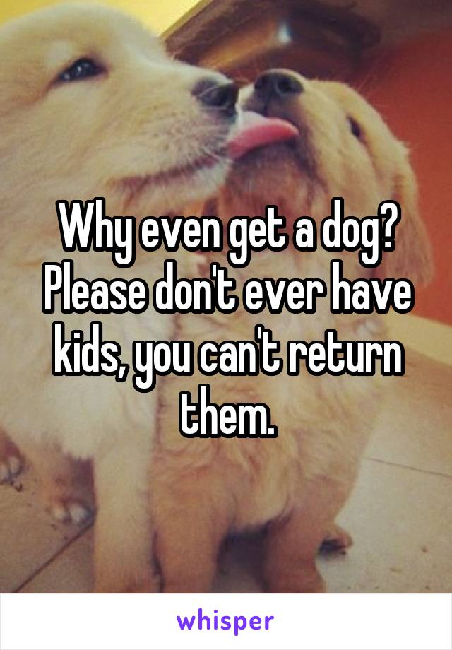 Why even get a dog? Please don't ever have kids, you can't return them.