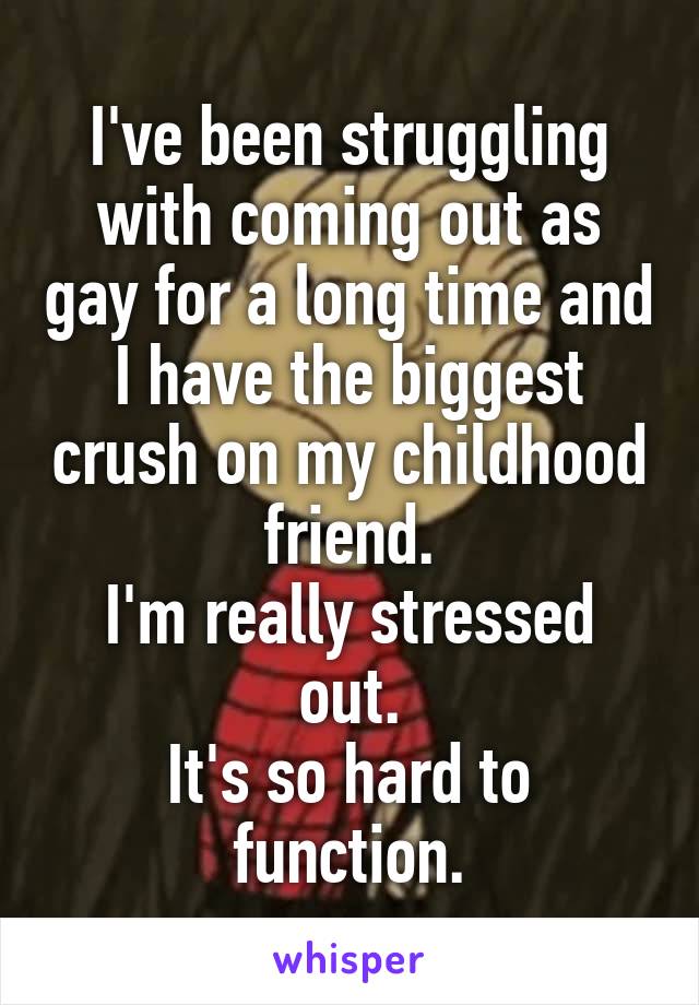 I've been struggling with coming out as gay for a long time and I have the biggest crush on my childhood friend.
I'm really stressed out.
It's so hard to function.