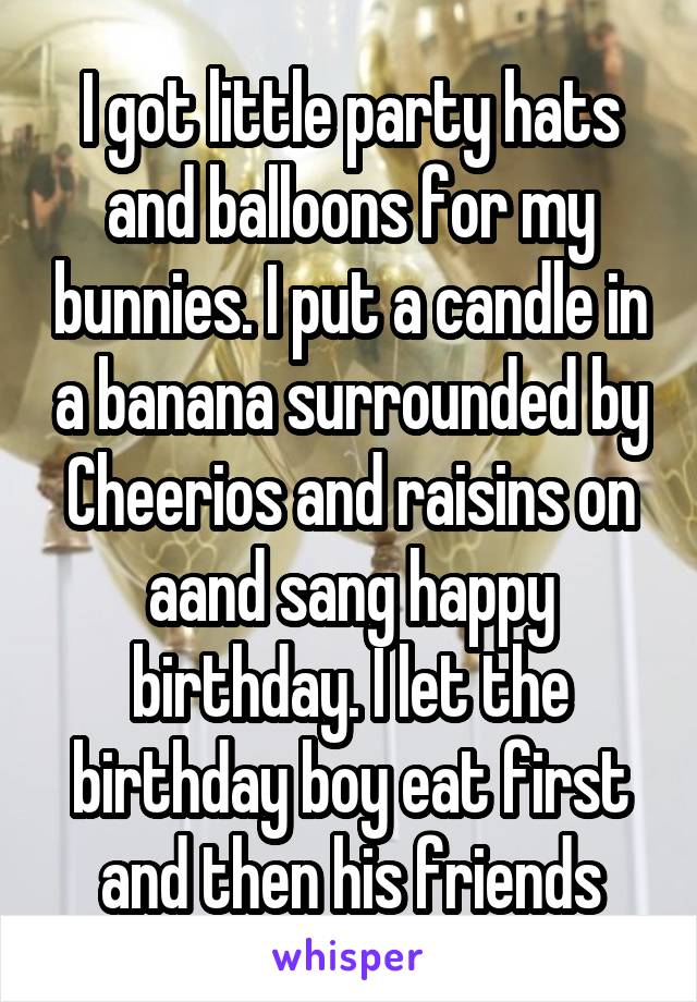 I got little party hats and balloons for my bunnies. I put a candle in a banana surrounded by Cheerios and raisins on aand sang happy birthday. I let the birthday boy eat first and then his friends