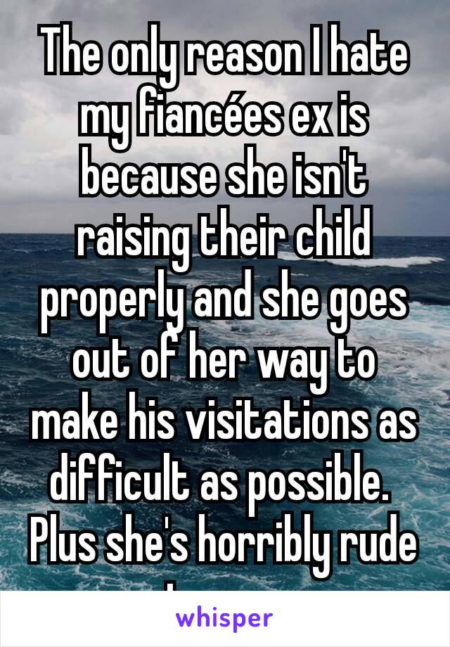 The only reason I hate my fiancées ex is because she isn't raising their child properly and she goes out of her way to make his visitations as difficult as possible. 
Plus she's horribly rude to me. 