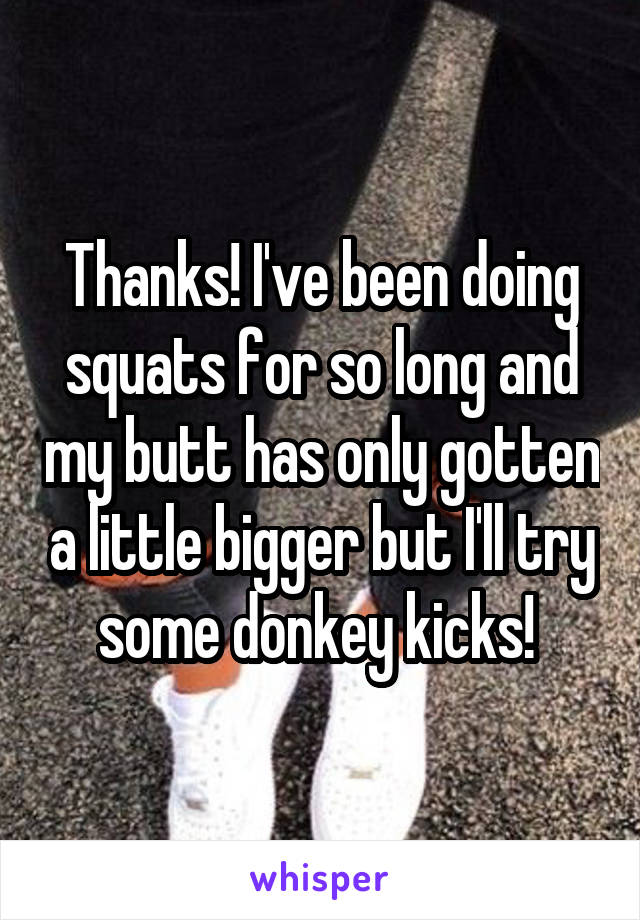 Thanks! I've been doing squats for so long and my butt has only gotten a little bigger but I'll try some donkey kicks! 