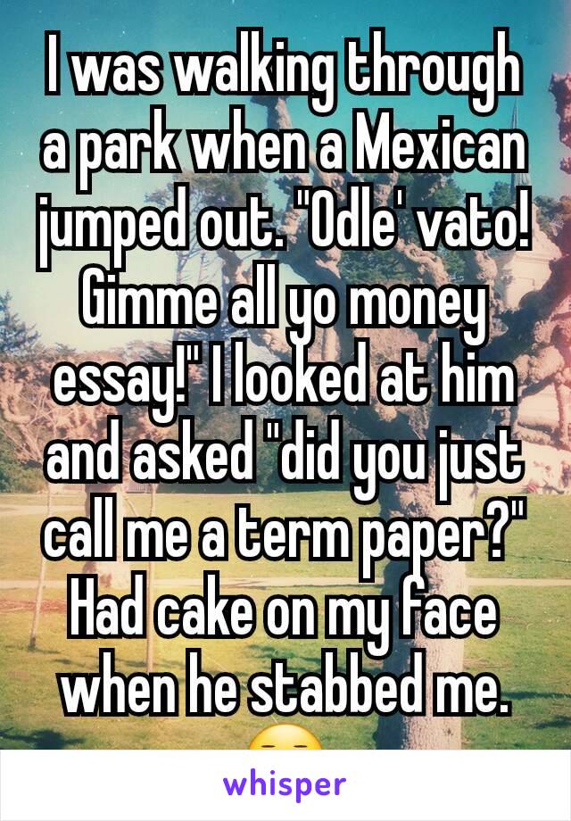I was walking through a park when a Mexican jumped out. "Odle' vato! Gimme all yo money essay!" I looked at him and asked "did you just call me a term paper?" Had cake on my face when he stabbed me.😐