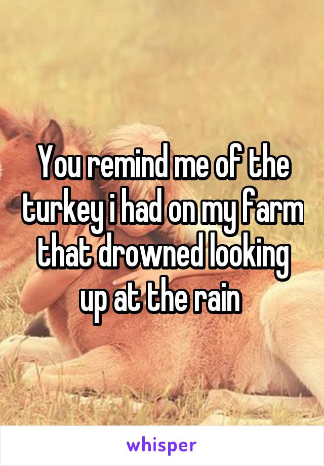You remind me of the turkey i had on my farm that drowned looking up at the rain 