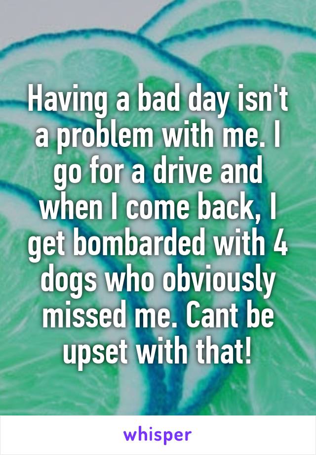 Having a bad day isn't a problem with me. I go for a drive and when I come back, I get bombarded with 4 dogs who obviously missed me. Cant be upset with that!