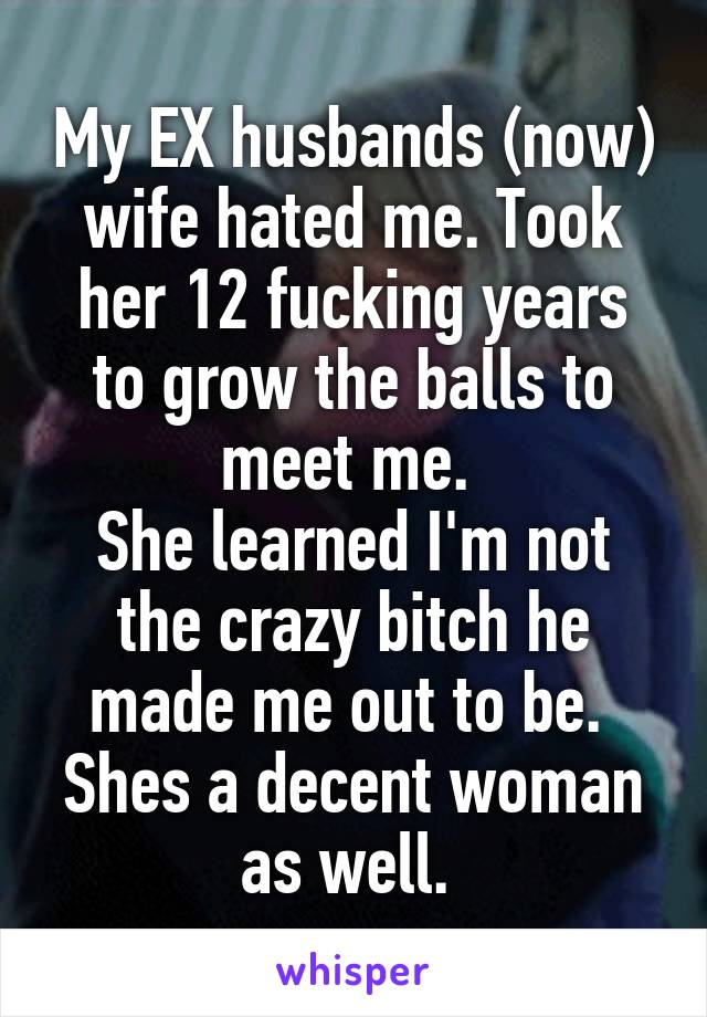 My EX husbands (now) wife hated me. Took her 12 fucking years to grow the balls to meet me. 
She learned I'm not the crazy bitch he made me out to be. 
Shes a decent woman as well. 