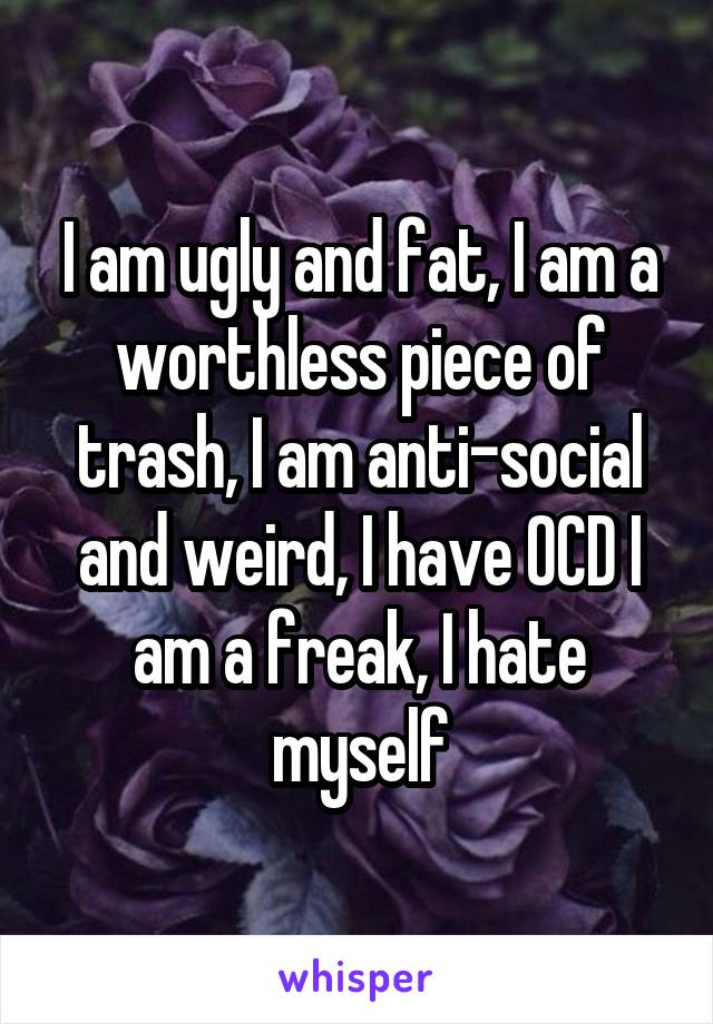 I am ugly and fat, I am a worthless piece of trash, I am anti-social and weird, I have OCD I am a freak, I hate myself