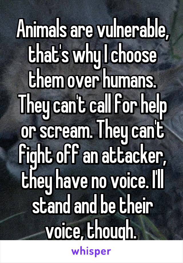 Animals are vulnerable, that's why I choose them over humans. They can't call for help or scream. They can't fight off an attacker, they have no voice. I'll stand and be their voice, though. 