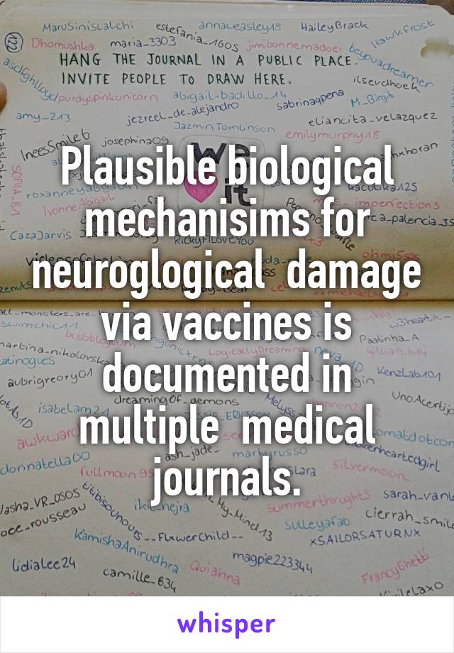 Plausible biological mechanisims for neuroglogical  damage via vaccines is documented in multiple  medical journals.