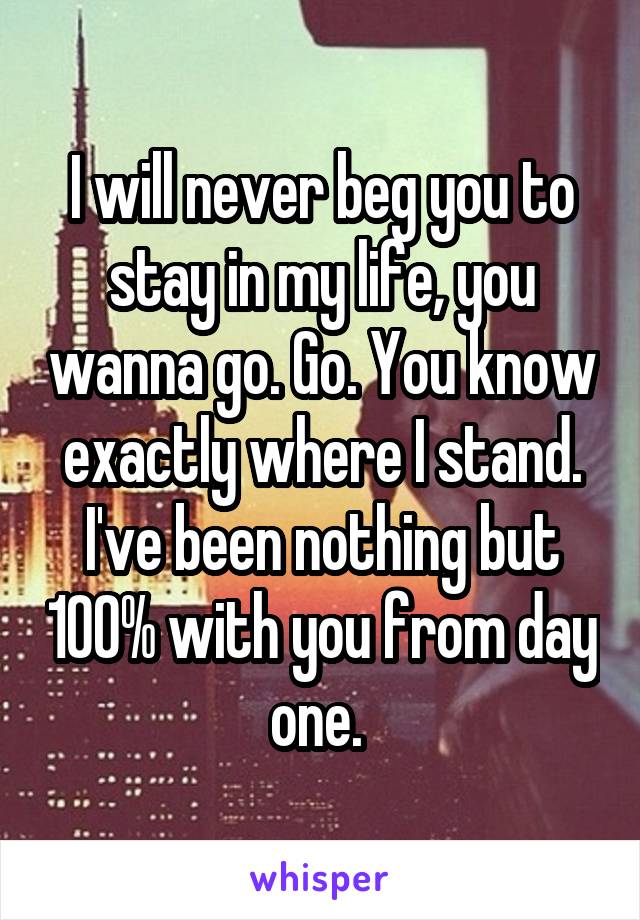 I will never beg you to stay in my life, you wanna go. Go. You know exactly where I stand. I've been nothing but 100% with you from day one. 