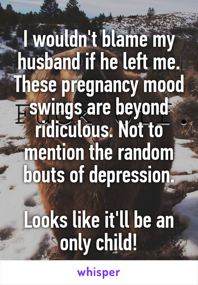 I wouldn't blame my husband if he left me. These pregnancy mood swings are beyond ridiculous. Not to mention the random bouts of depression.

Looks like it'll be an only child!