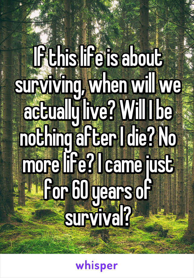 If this life is about surviving, when will we actually live? Will I be nothing after I die? No more life? I came just for 60 years of survival?