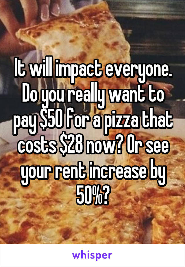 It will impact everyone. Do you really want to pay $50 for a pizza that costs $28 now? Or see your rent increase by 50%?