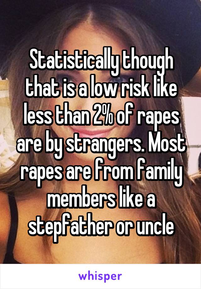 Statistically though that is a low risk like less than 2% of rapes are by strangers. Most rapes are from family members like a stepfather or uncle