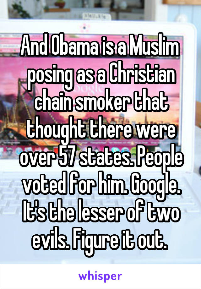 And Obama is a Muslim  posing as a Christian chain smoker that thought there were over 57 states. People voted for him. Google. It's the lesser of two evils. Figure it out. 