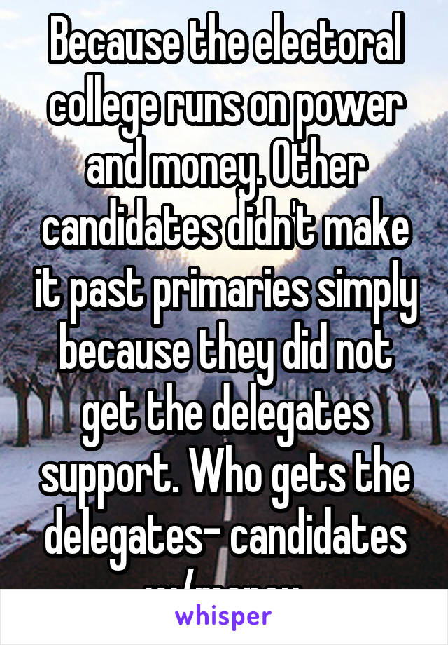 Because the electoral college runs on power and money. Other candidates didn't make it past primaries simply because they did not get the delegates support. Who gets the delegates- candidates w/money.
