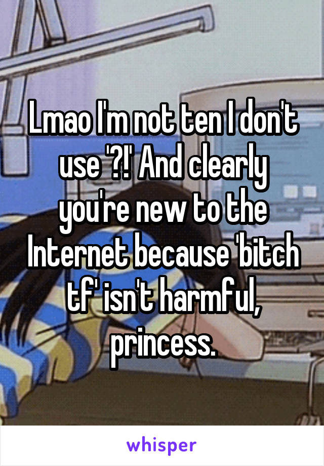 Lmao I'm not ten I don't use '?!' And clearly you're new to the Internet because 'bitch tf' isn't harmful, princess.