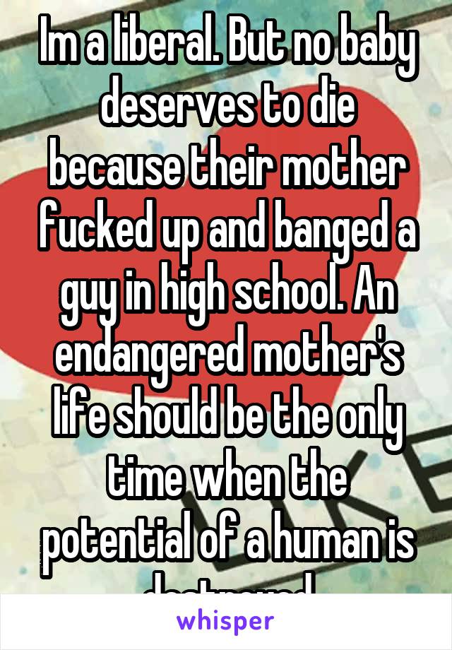 Im a liberal. But no baby deserves to die because their mother fucked up and banged a guy in high school. An endangered mother's life should be the only time when the potential of a human is destroyed