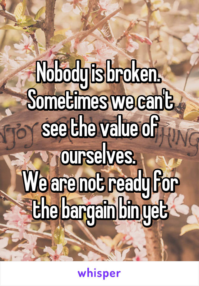 Nobody is broken. 
Sometimes we can't see the value of ourselves. 
We are not ready for the bargain bin yet