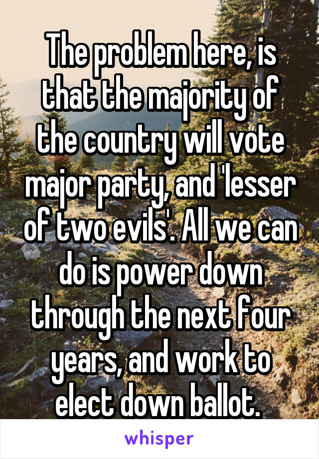 The problem here, is that the majority of the country will vote major party, and 'lesser of two evils'. All we can do is power down through the next four years, and work to elect down ballot. 
