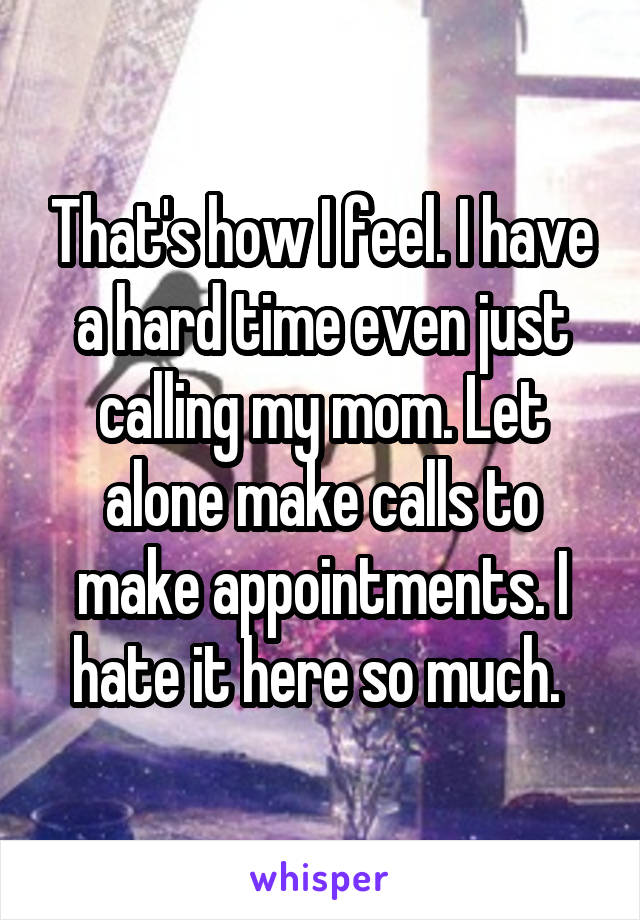 That's how I feel. I have a hard time even just calling my mom. Let alone make calls to make appointments. I hate it here so much. 