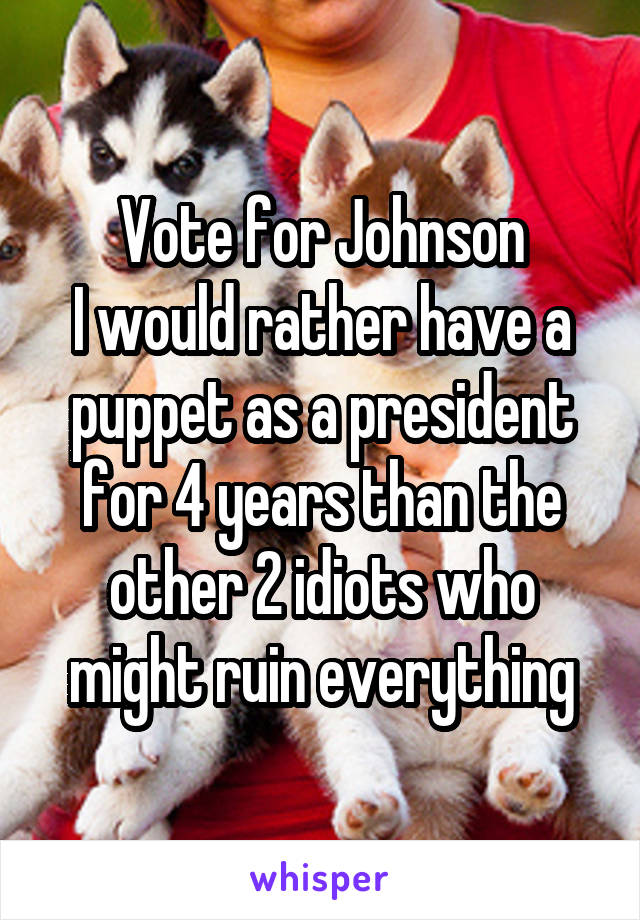 Vote for Johnson
I would rather have a puppet as a president for 4 years than the other 2 idiots who might ruin everything