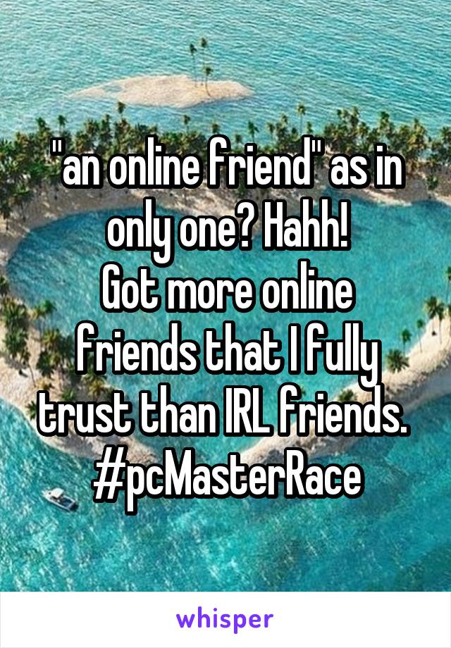 "an online friend" as in only one? Hahh!
Got more online friends that I fully trust than IRL friends. 
#pcMasterRace