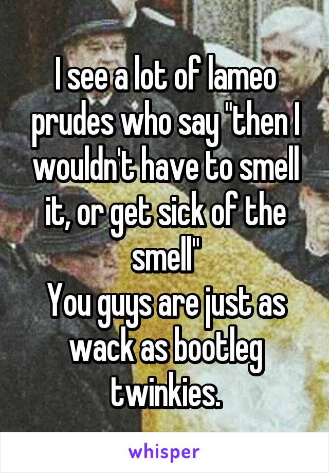 I see a lot of lameo prudes who say "then I wouldn't have to smell it, or get sick of the smell"
You guys are just as wack as bootleg twinkies.