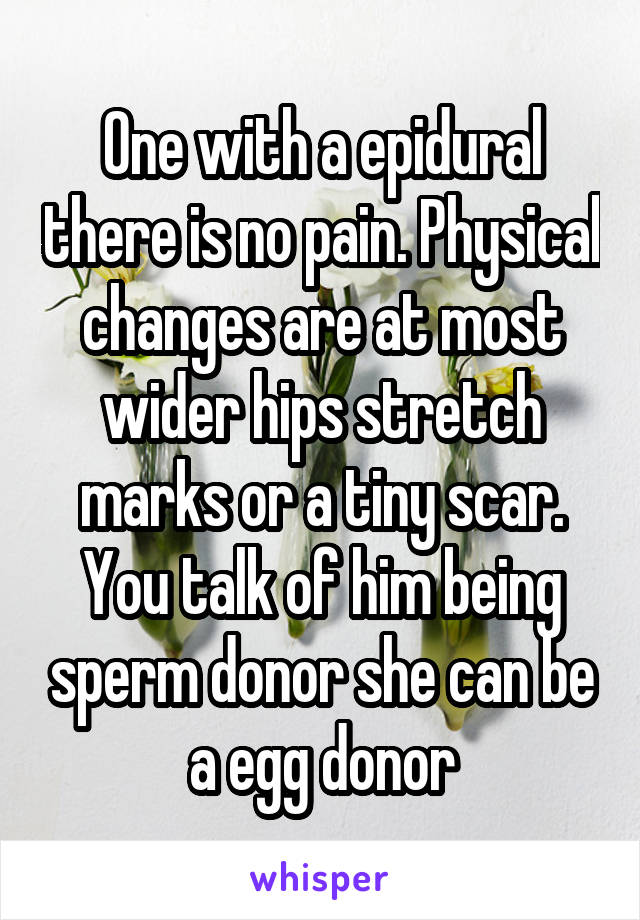 One with a epidural there is no pain. Physical changes are at most wider hips stretch marks or a tiny scar. You talk of him being sperm donor she can be a egg donor