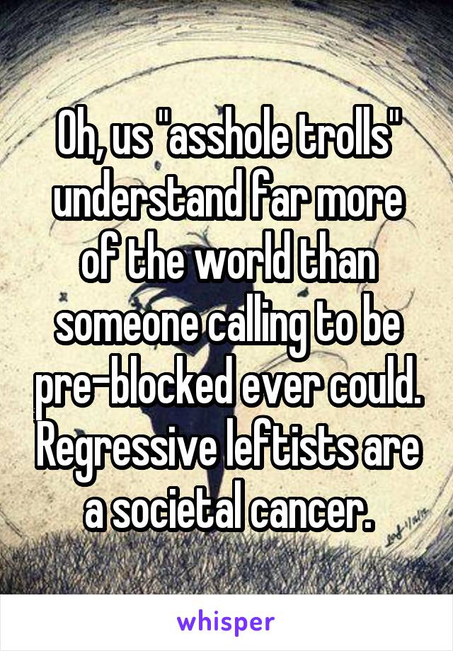 Oh, us "asshole trolls" understand far more of the world than someone calling to be pre-blocked ever could. Regressive leftists are a societal cancer.