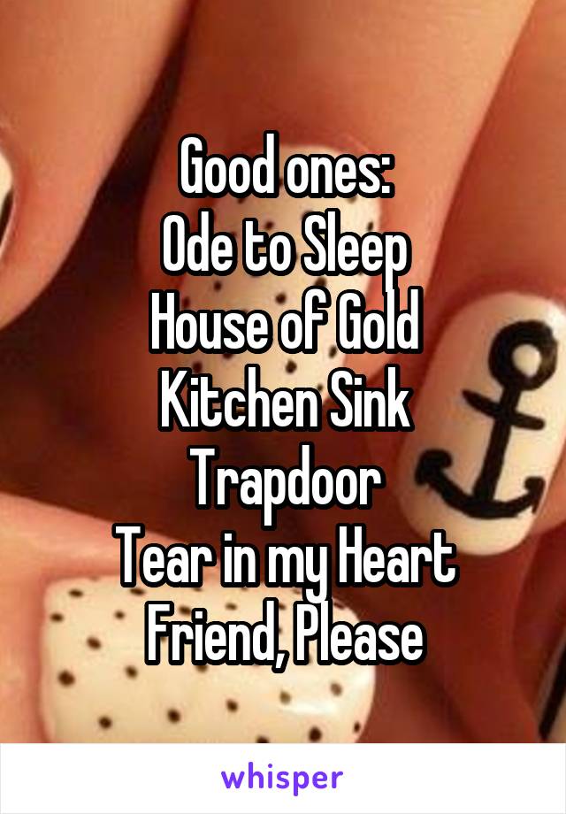 Good ones:
Ode to Sleep
House of Gold
Kitchen Sink
Trapdoor
Tear in my Heart
Friend, Please