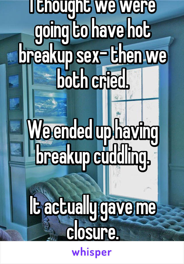 I thought we were going to have hot breakup sex- then we both cried.

We ended up having breakup cuddling.

It actually gave me closure.
