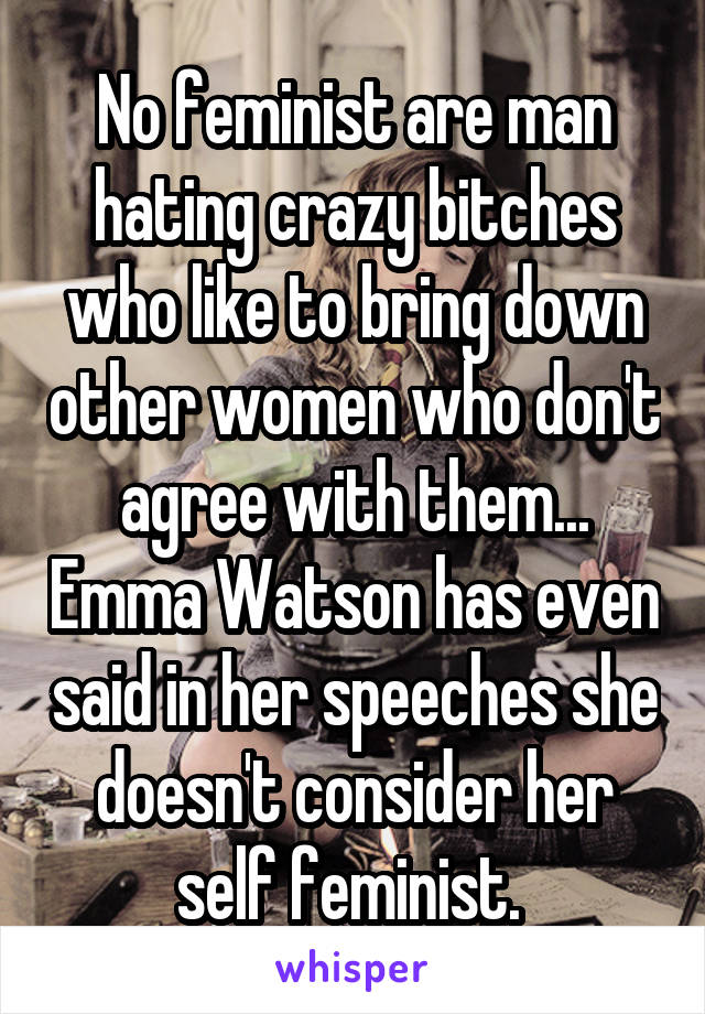 No feminist are man hating crazy bitches who like to bring down other women who don't agree with them... Emma Watson has even said in her speeches she doesn't consider her self feminist. 