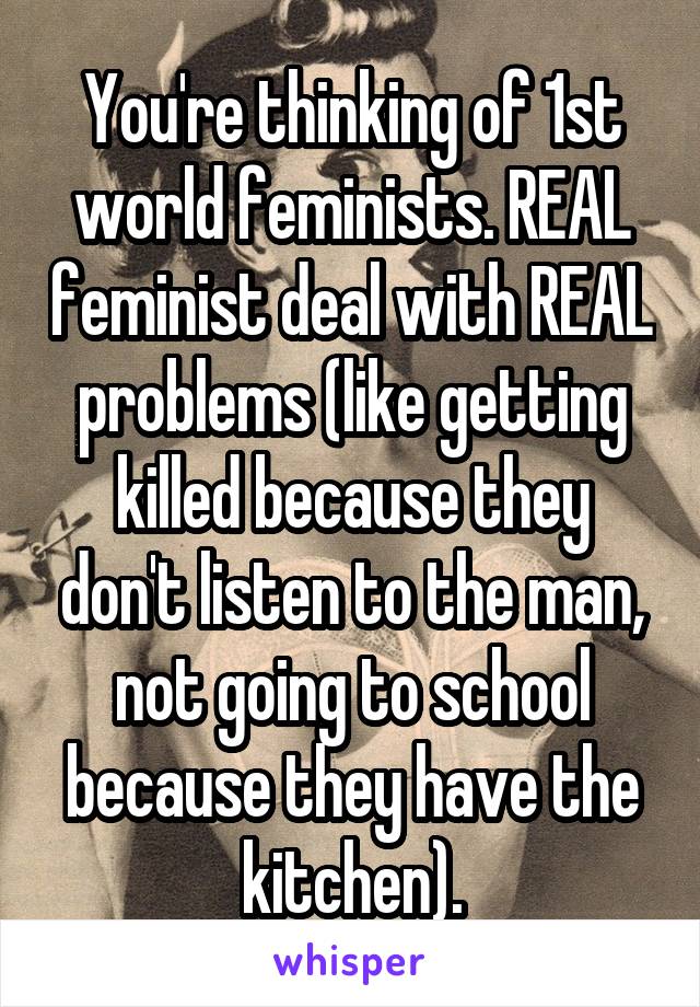 You're thinking of 1st world feminists. REAL feminist deal with REAL problems (like getting killed because they don't listen to the man, not going to school because they have the kitchen).